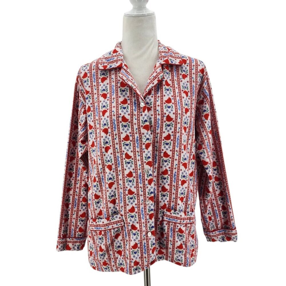 Vintage Lang of Salzburg Womens Small Pajama Shirt Top Flannel Floral Cardinal - Picture 8 of 8